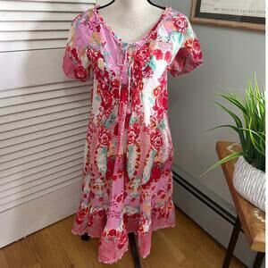 Adrift Dress Womens XS Red Pink Patchwork Tiered Midi Tassels Dainty Boho Chic